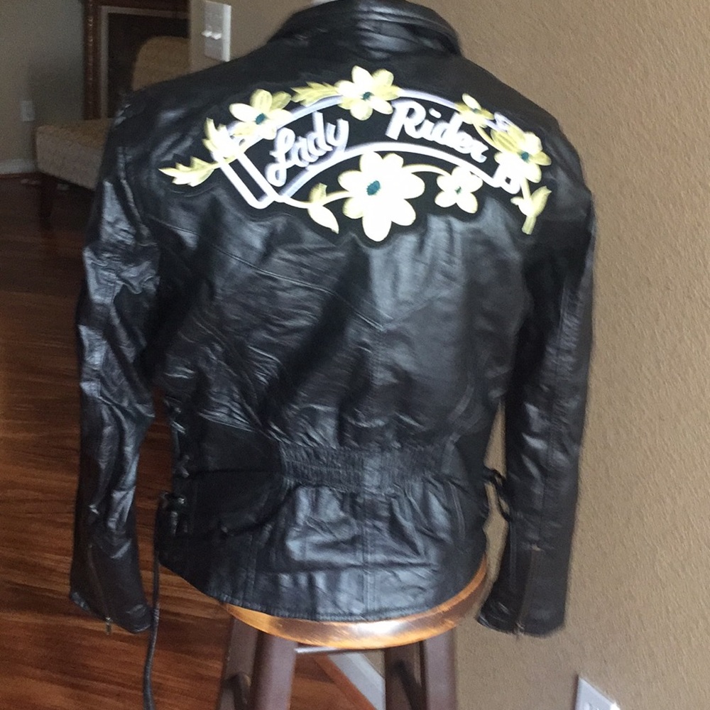 Diamond Plate leather ladies biker jacket embroid